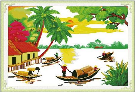 Tranh Thêu Chữ Thập Sông Nước Ruộng Đồng