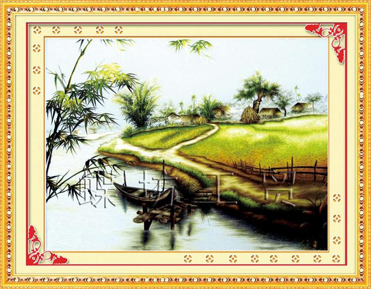 Tranh Thêu Chữ Thập Bến Đò Thôn Quê