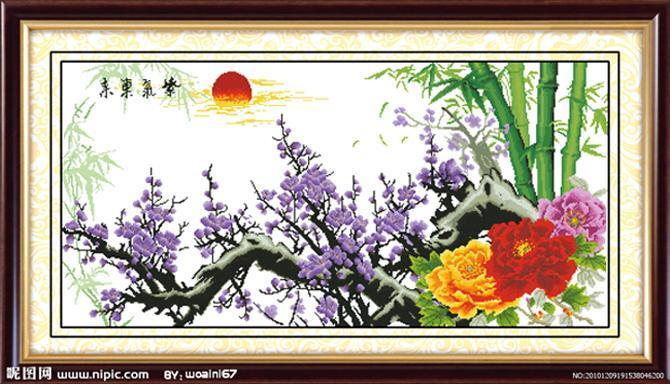 Tranh Thêu Chữ Thập Cành Đào Đón Xuân