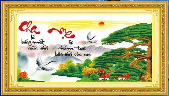 Tranh Thêu Chữ Thập 3D Cha Là Bóng Mát Giữa Đời, Mẹ Là Điểm Tựa Bên Đời Của Con