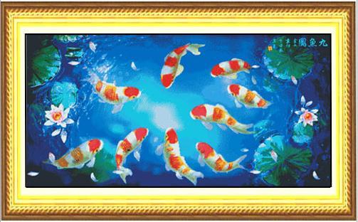 Tranh Thêu Chữ Thập Chín Cá Hội Tụ Tiền Tài
