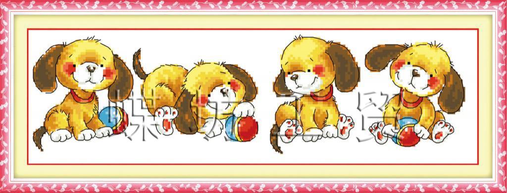 Tranh Thêu Chữ Thập Chó Con Chơi Đùa