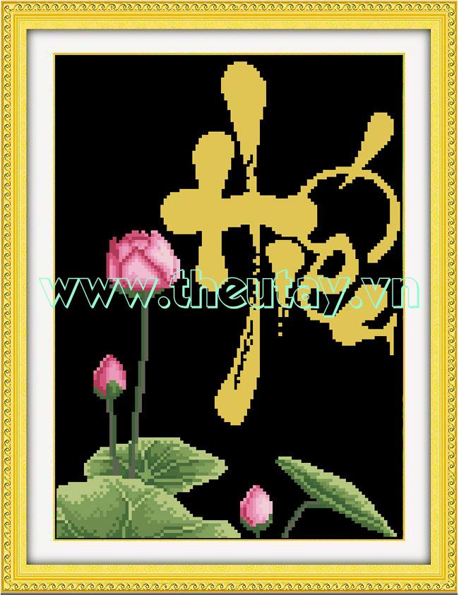Tranh Thêu Chữ Thập Chữ Hiếu Hoa Sen