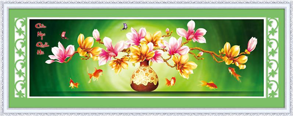 Cửu Ngư Quần Hội Tranh gắn đá nổi kim cương đa sắc ABC