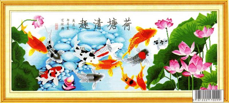 Tranh Thêu Chữ Thập Đàn Cá Trong Ao Sen