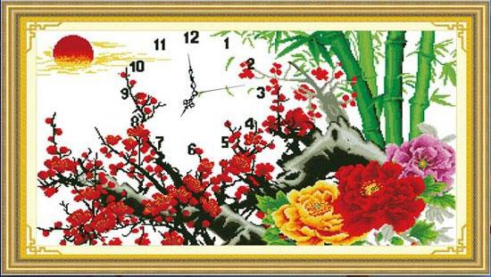 Tranh Thêu Chữ Thập Đồng Hồ Đào Đỏ May Mắn