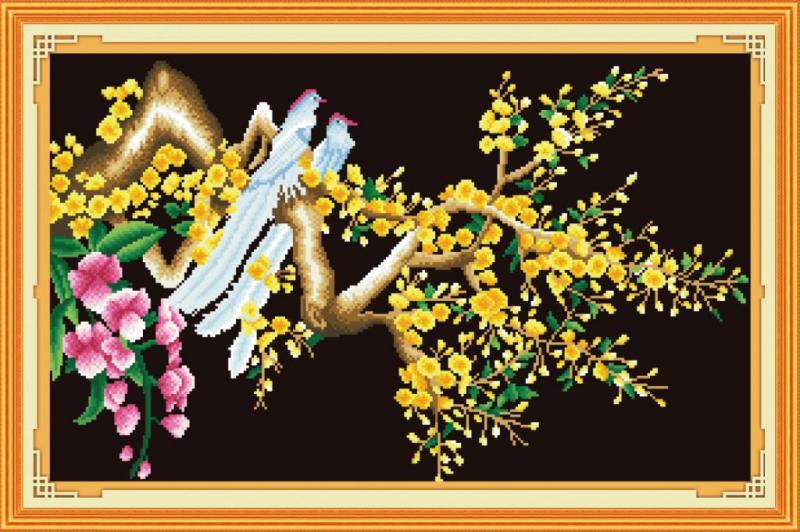 Tranh Thêu Chữ Thập 3D Đôi Chim Báo Hỷ