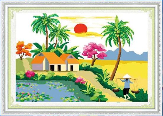 Tranh Thêu Chữ Thập Gánh Lúa Về Nhà