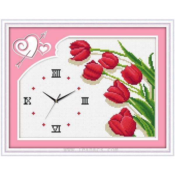 Tranh Thêu Chữ Thập Đồng Hồ Hoa TuLip Trong Gió