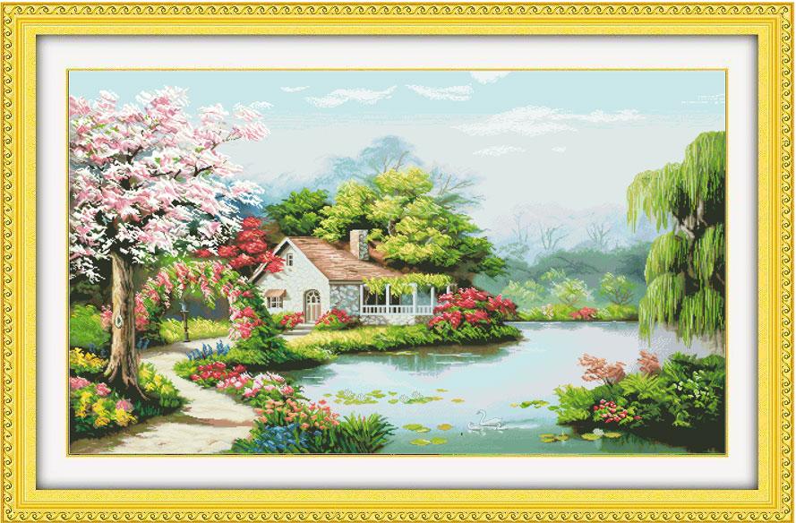 Tranh Thêu Chữ Thập Hoa Viên Bờ Sông