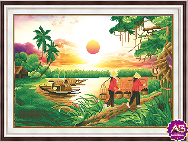 Tranh Đính Đá ABC 3D Hoàng Hôn Nông Thôn