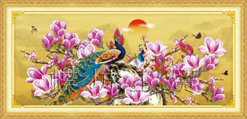 Tranh Thêu Chữ Thập 3D Khổng Tước Trên Cánh Mộc Lan