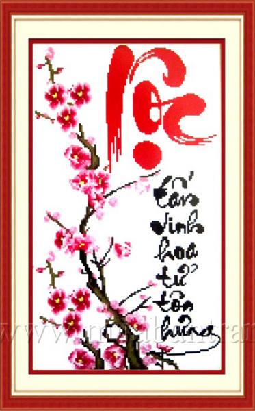 Tranh Thêu Chữ Thập Lộc Mai Vàng