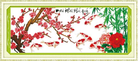 Tranh Thêu Chữ Thập Mai Khai Phú Quý