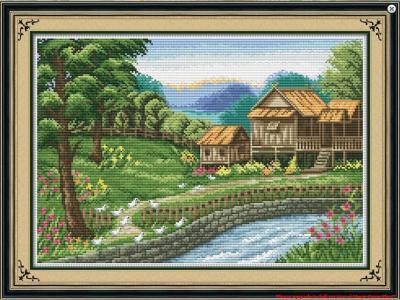 Tranh Thêu Chữ Thập Nhà Sàn Bên Suối