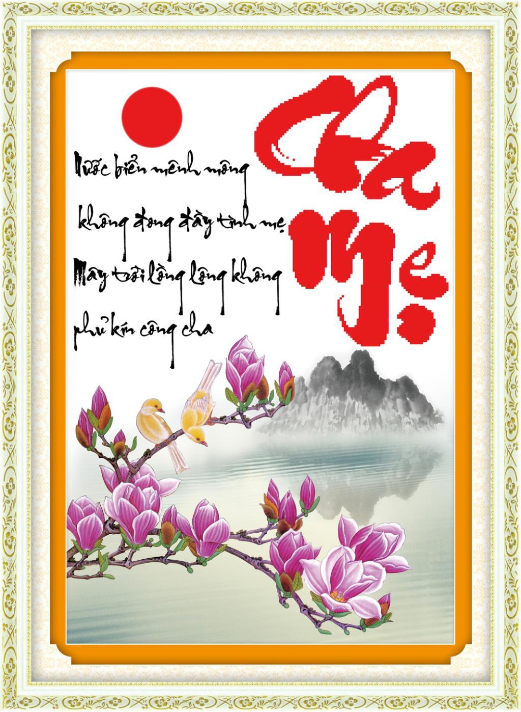 Tranh Thêu Chữ Thập Nước Biển Mênh Mông Không Đong Đầy Tình Mẹ, Mây Trời Lồng Lộng Không Phủ Kín Công Cha