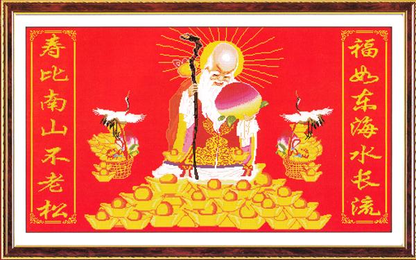 Tranh Thêu Chữ Thập Ông Thọ Trên Đống Vàng