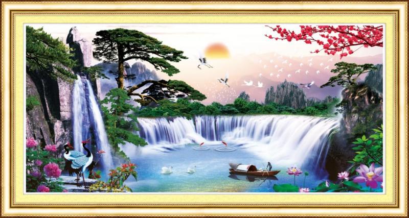 Tranh Thêu Chữ Thập Thuỷ Cát Chiêu Tài