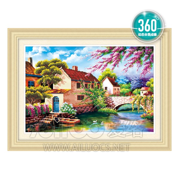 Tranh Đinh Đá ABC 3D Cảnh Đẹp Nhà Bên Sông