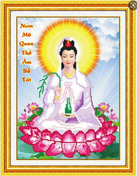Tranh Thêu Chữ Thập 3D + kết hạt Quan Âm Ngồi Toà Sen