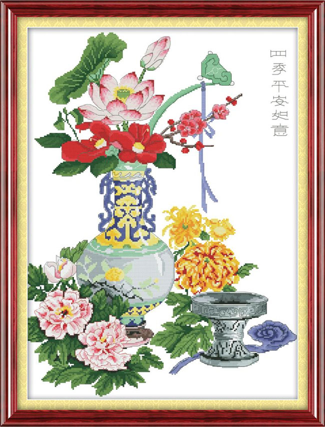Tranh Thêu Chữ Thập Bốn Màu Bình An Như Ý