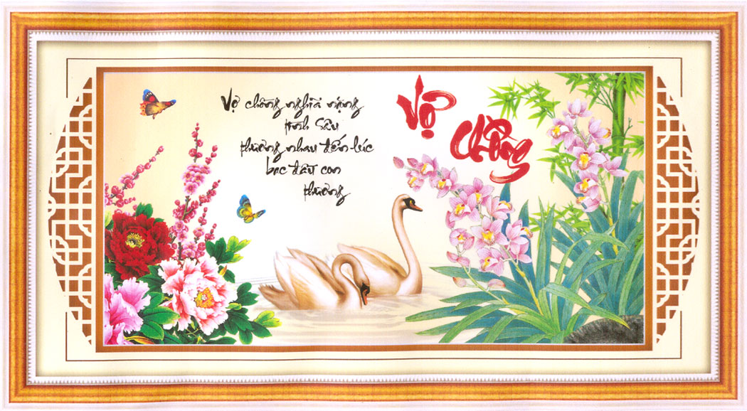 Tranh Thêu Chữ Thập 3D có kết hạt cườm, hạt đá lớn và chỉ tơ tằm Vợ Chồng Nghĩa Nặng Tình Sâu, Thương Nhau Đến Lúc Bạc Đầu Còn Thương