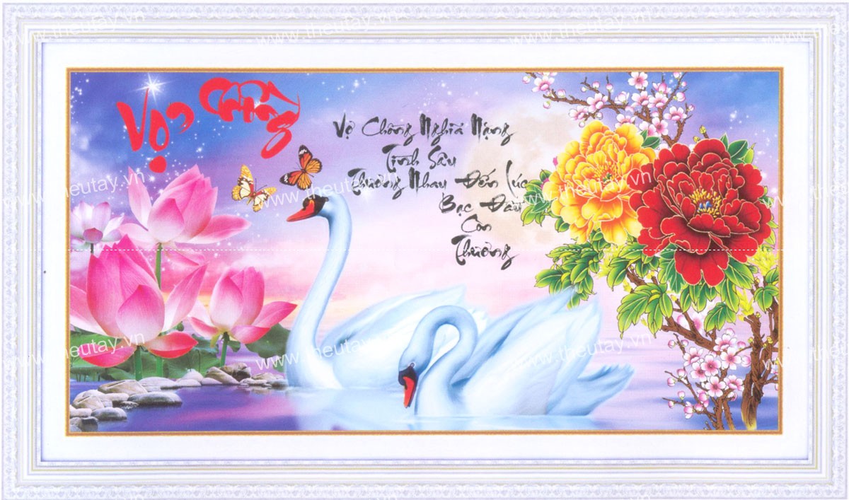 Tranh Thêu Chữ Thập 3D + kết chỉ bướm nhựa Vợ Chồng Nghĩa Nặng Tình Sâu, Thương Nhau Đến Lúc Bạc Đầu Còn Thương