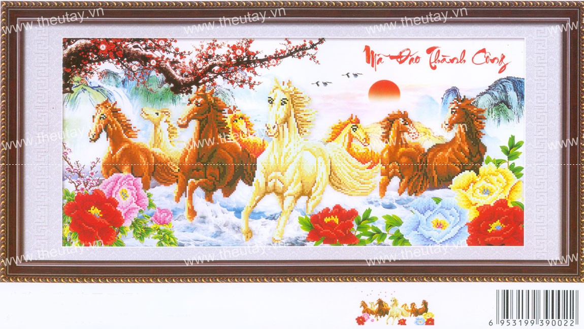 Tranh Thêu Chữ Thập 3D + kết hạt hoa nhựa Mã Đáo Thành Công