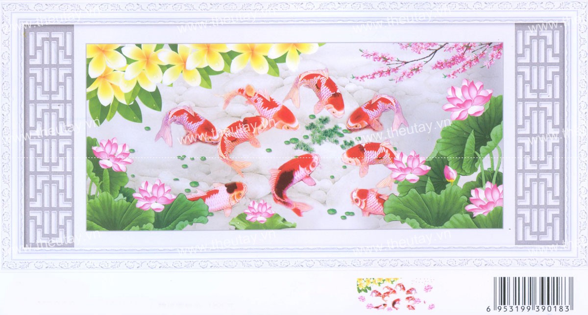 Tranh Thêu Chữ Thập 3D  + kết hoa nhựa Chín Cá Hội Tụ Tiền Tài