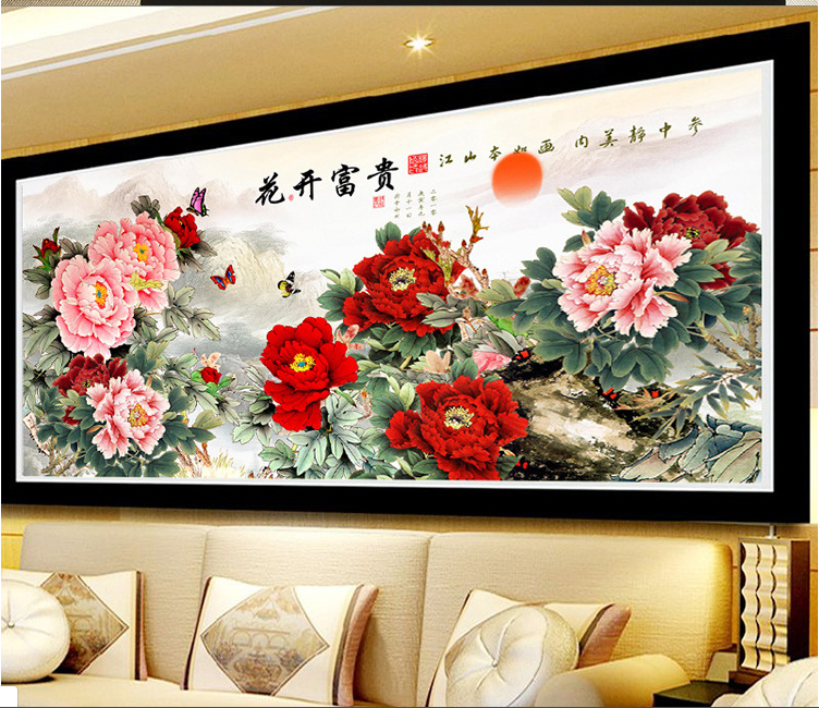 Tranh Thêu Chữ Thập Chỉ Lụa Mẫu Đơn Phú Quý