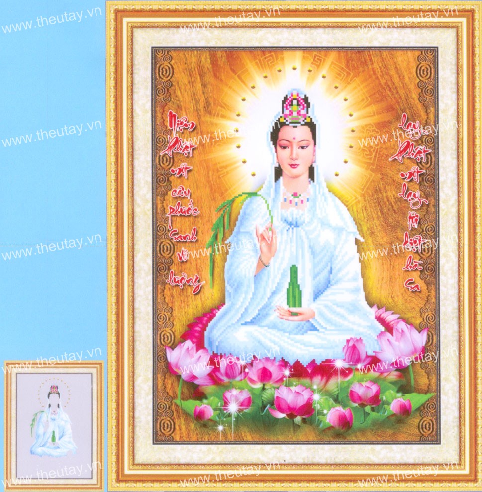Tranh Thêu Chữ Thập 3D + Phụ Kiện Kết Hạt Đá Quan Âm Ngồi Toà Sen