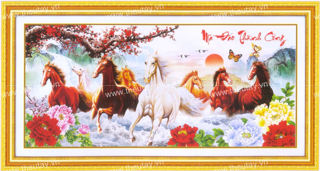 Tranh Thêu Chữ Thập 3D + phụ kiện kết hoa vải, bướm nhựa Mã Đáo Thành Công
