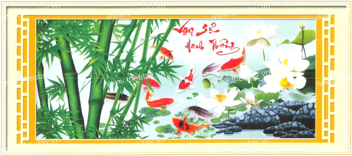 Tranh Thêu Chữ Thập Vạn Sự Hanh Thông 9 Cá Chép Quanh Hoa Sen Trắng
