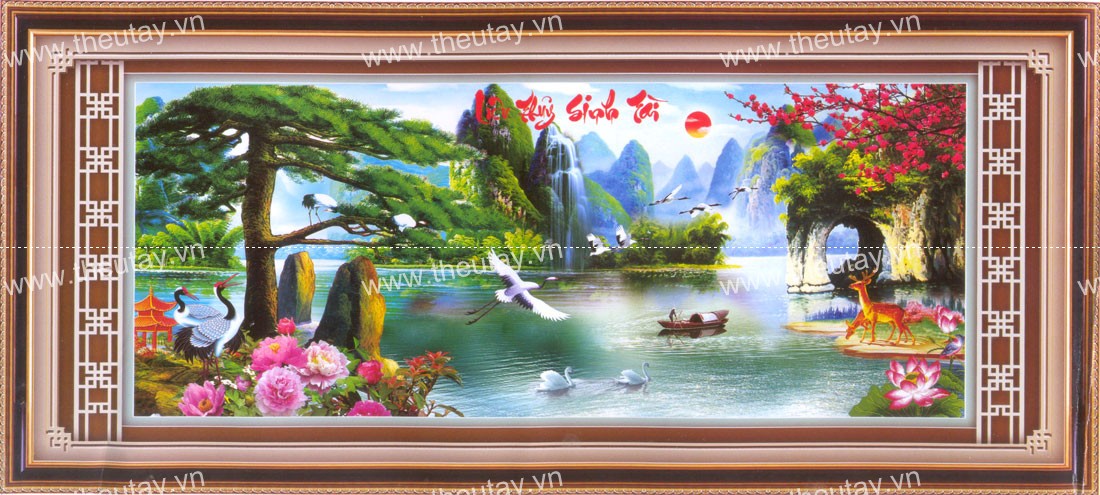 Tranh Thêu Chữ Thập 3D kết hạt ngọc châu, hạt hoa mai Lưu Thủy Sinh Tài