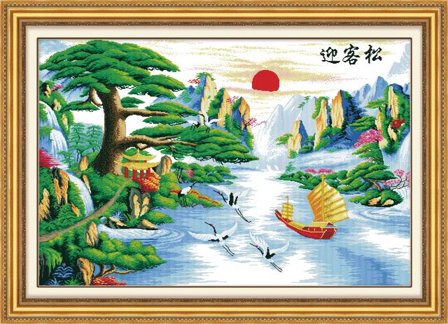 Tranh Thêu Chữ Thập Tùng Nghênh Khách