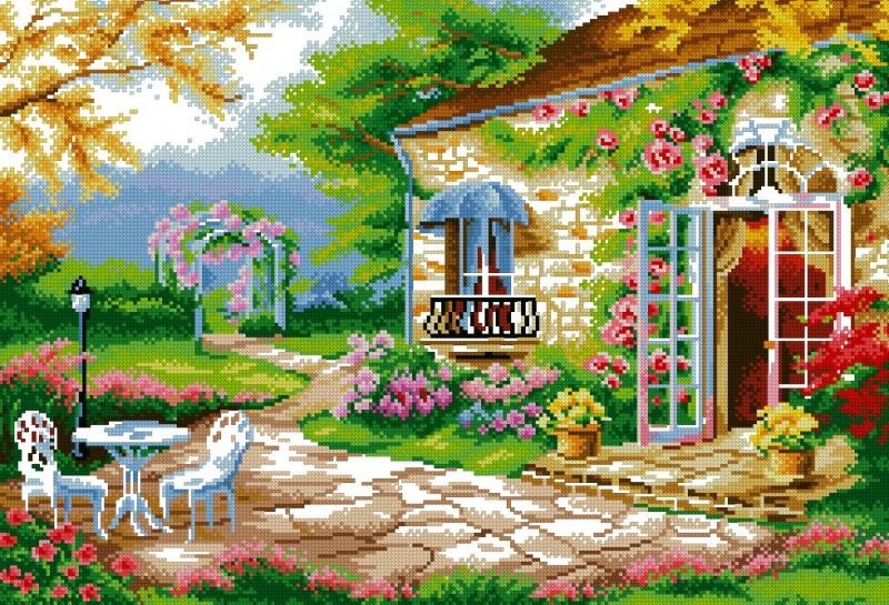 Tranh Thêu Chữ Thập Vườn Hoa Trước Hiên Nhà